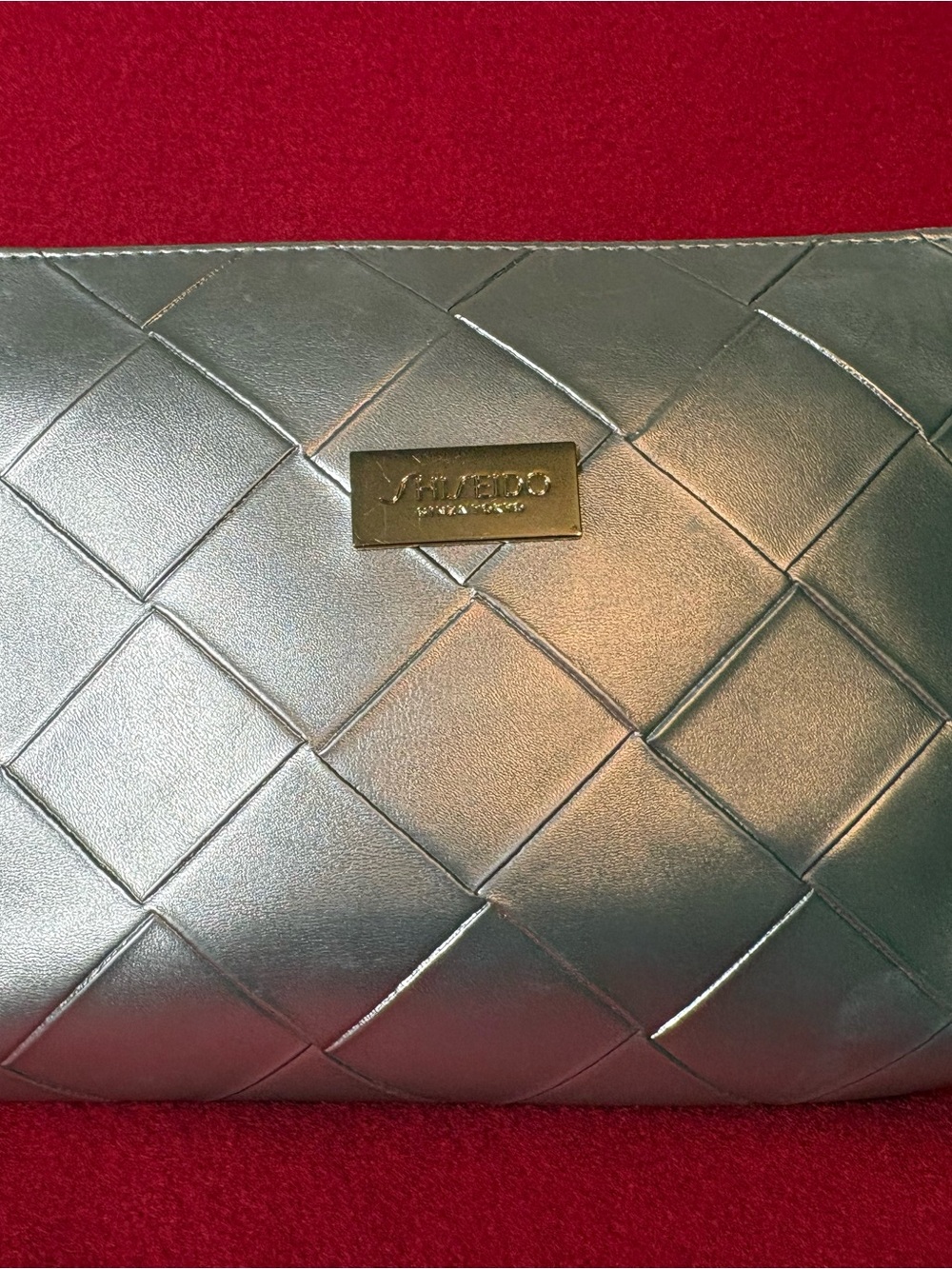 Shiseido Ginza Tokyo Gold Metallic Weaved Zipper Pouch w/ Wristlet Strap 10x4”